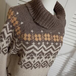 Becool Women's Fair Isle  M/L Cream/Taupe Cowl Neck Ski Style Tunic Sweater